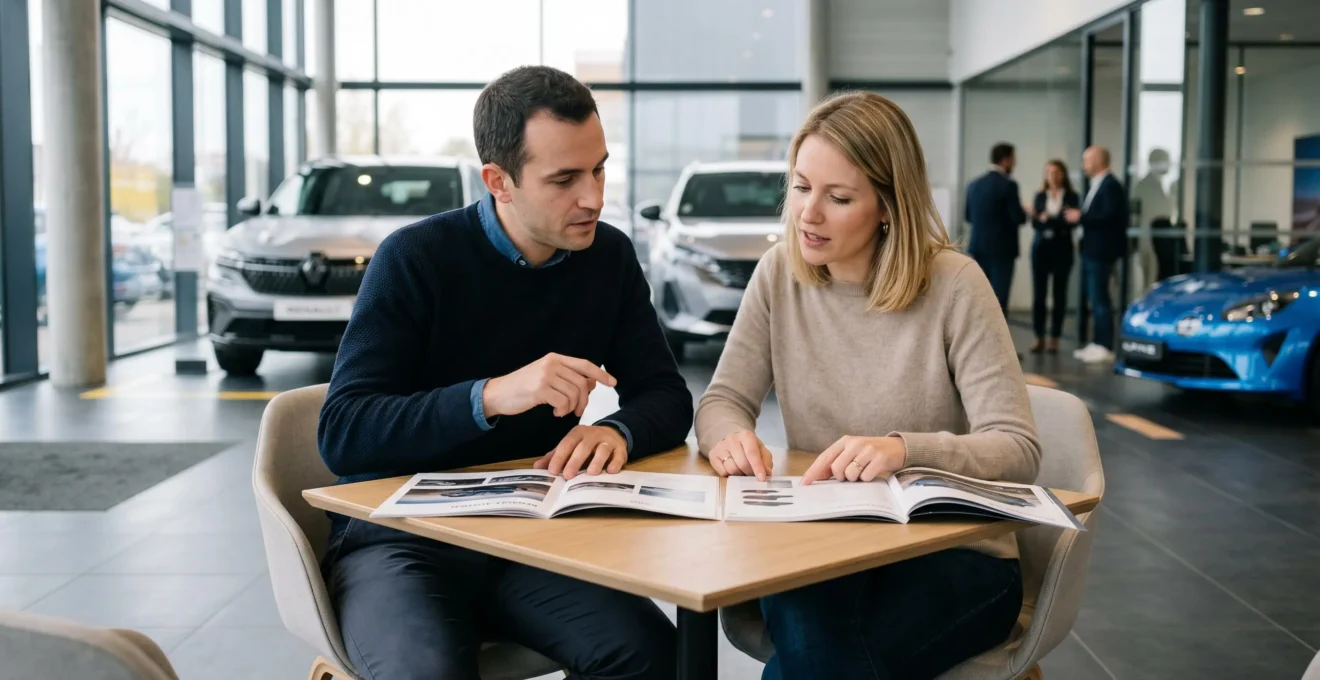 Un couple français consulte deux brochures de leasing automobile côte à côte dans une concession, comparant les options LLD et LOA