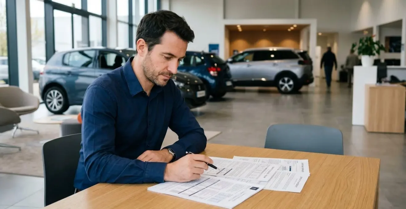 Un homme consulte des documents de leasing automobile dans un showroom français moderne, analysant les conditions contractuelles avant signature