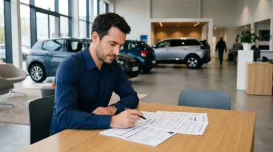 Un homme consulte des documents de leasing automobile dans un showroom français moderne, analysant les conditions contractuelles avant signature
