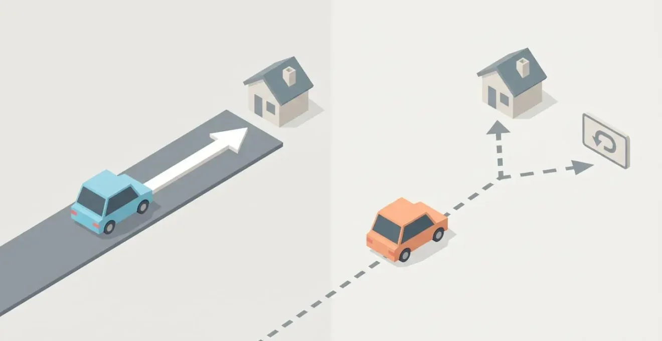Schéma isométrique comparant le parcours crédit (flèche directe vers propriété) et LOA (choix entre achat et restitution)