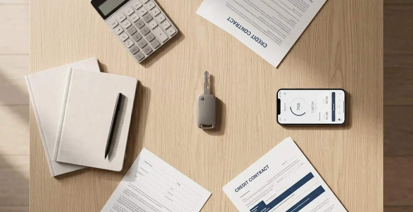 Vue de dessus d'une table avec clé de voiture au centre, entourée d'une calculatrice, documents de crédit et smartphone, symbolisant les choix de financement automobile