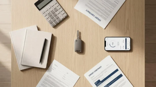Vue de dessus d'une table avec clé de voiture au centre, entourée d'une calculatrice, documents de crédit et smartphone, symbolisant les choix de financement automobile