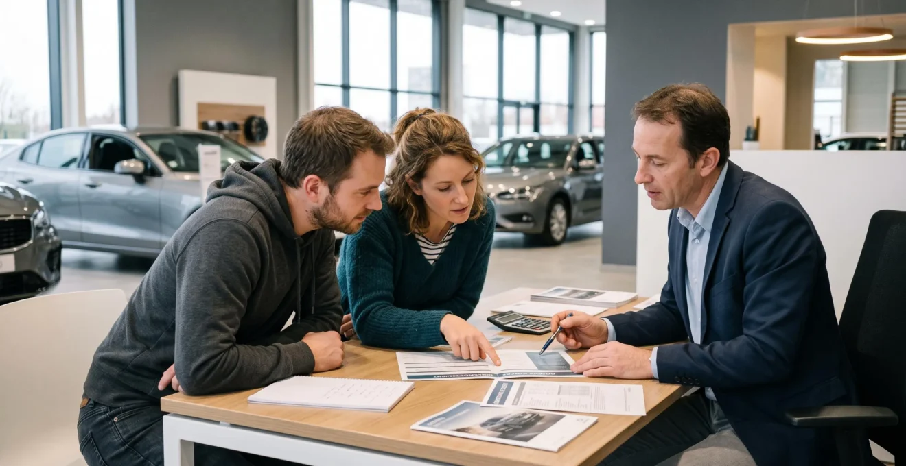 Un couple consulte des documents de financement automobile avec un conseiller dans un showroom moderne