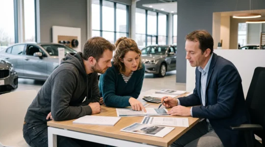 Un couple consulte des documents de financement automobile avec un conseiller dans un showroom moderne