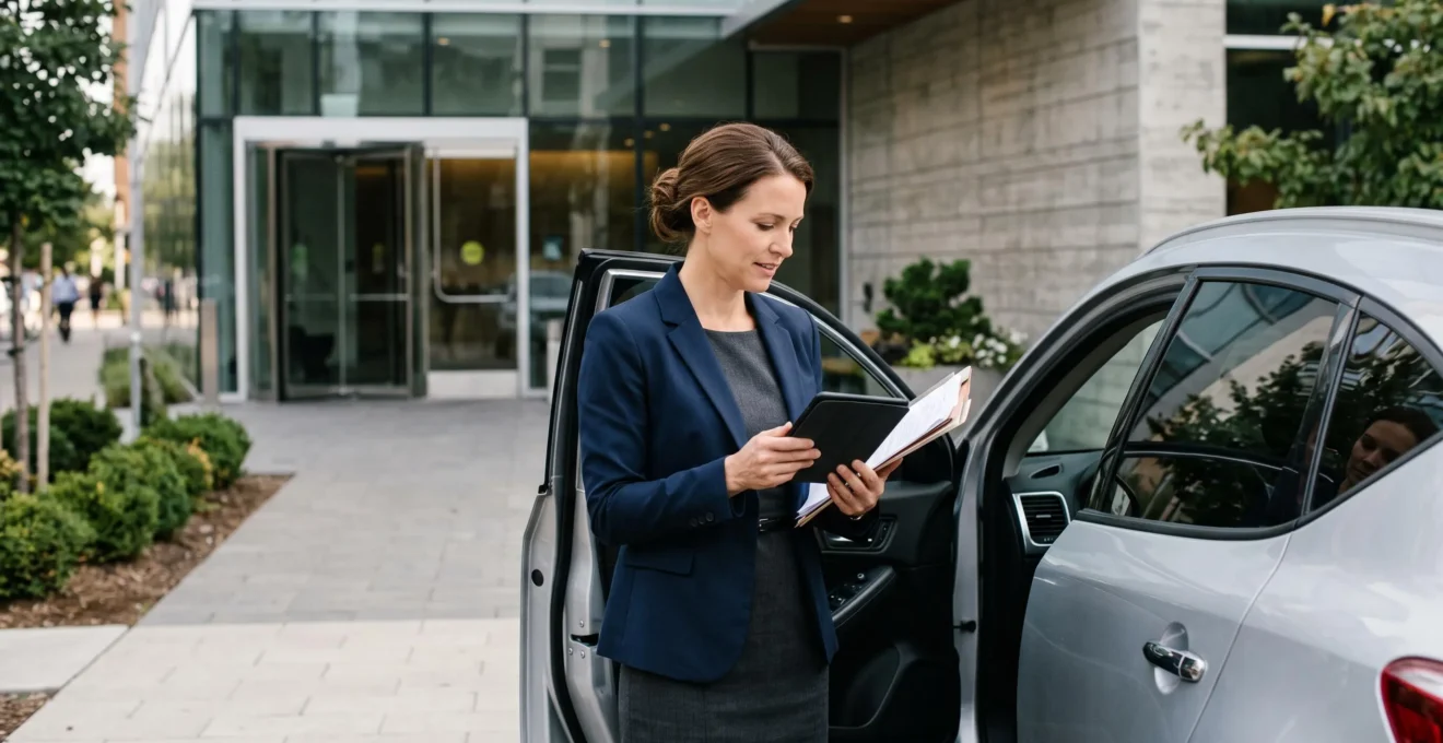 Un entrepreneur en tenue professionnelle consulte des documents à proximité de son véhicule d'entreprise devant un bâtiment commercial moderne