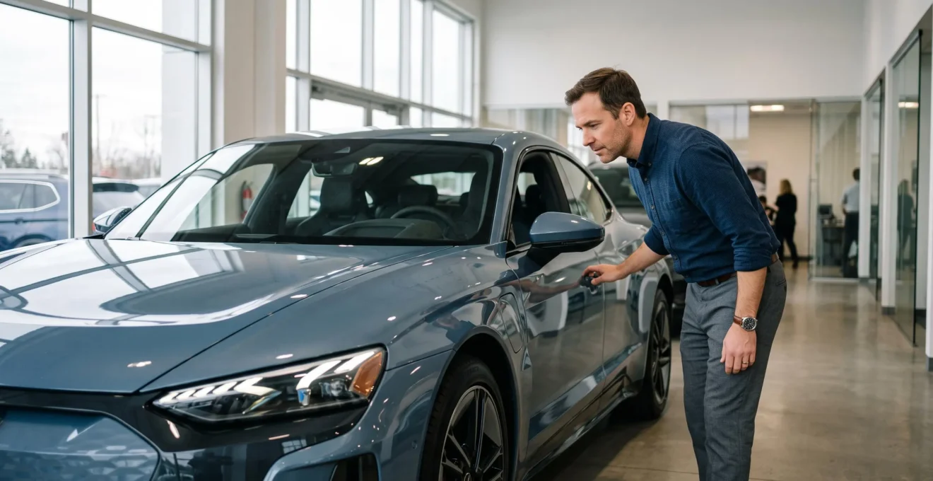 Un homme inspecte attentivement un véhicule électrique moderne dans un showroom automobile