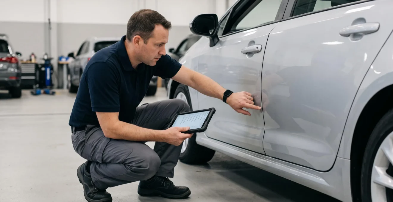 Un inspecteur automobile examine attentivement l'état de la carrosserie d'un véhicule lors d'un contrôle de fin de contrat de location