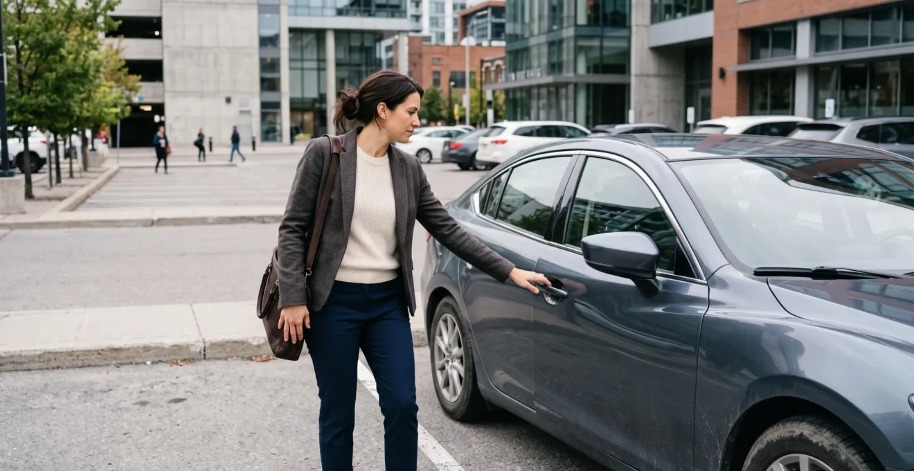 Un professionnel ouvre la portière de son véhicule récent sur un parking urbain lors de son utilisation quotidienne