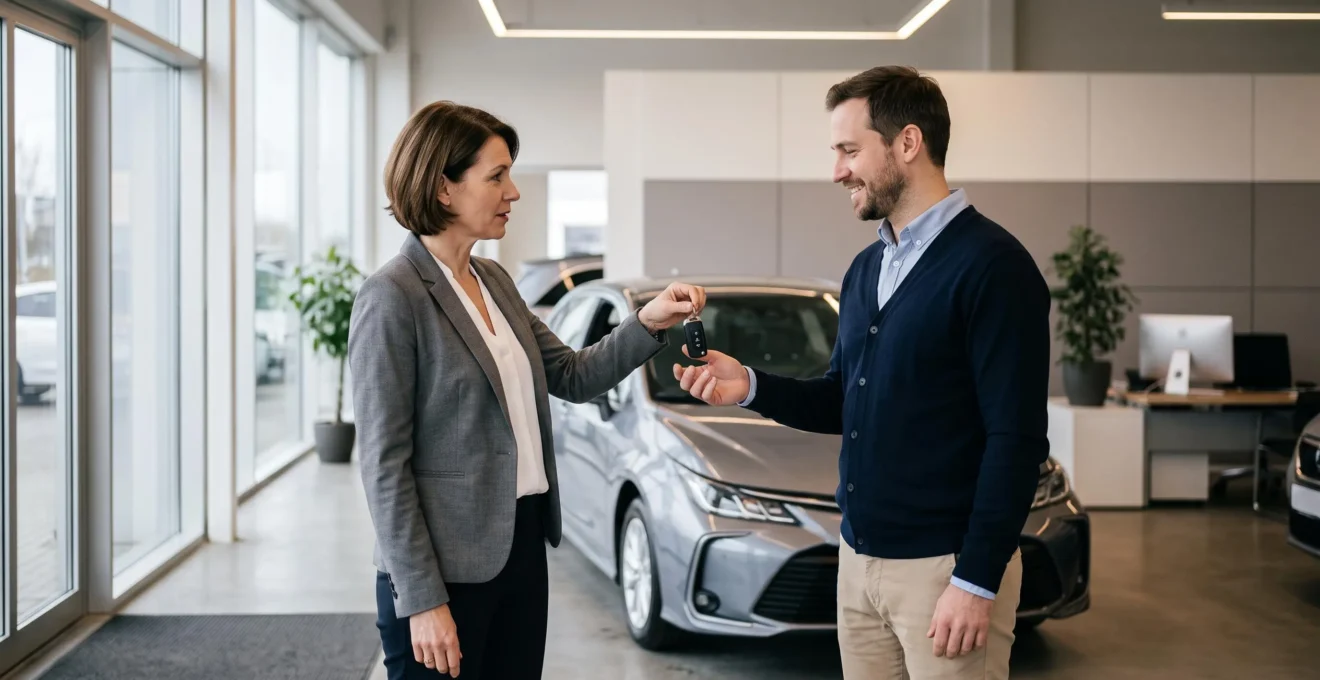 Un conseiller financier remet les clés d'un véhicule récent à un client dans un environnement professionnel moderne