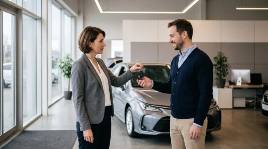Un conseiller financier remet les clés d'un véhicule récent à un client dans un environnement professionnel moderne