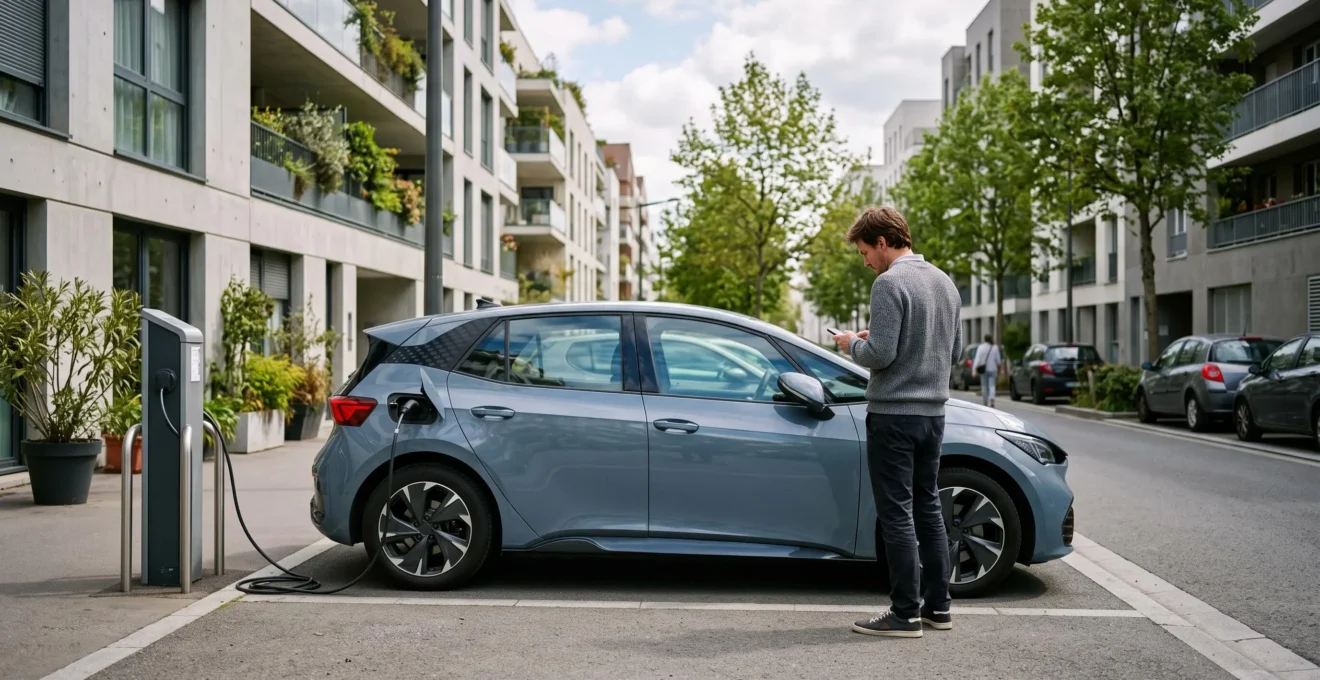 Un véhicule électrique en cours de recharge à une borne publique dans un environnement urbain